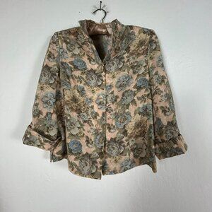 Vinvert Women's Floral Print 3/4 Sleeve Button Front Blouse Green/Brown